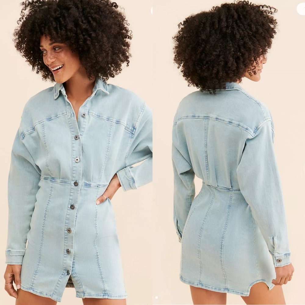 FREE PEOPLE Amber Denim Long Sleeve Short Dress Women’s Sz 14